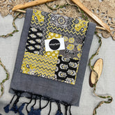 Light Grey Handloom Khadi Cotton Saree With Multiple Print Blouse